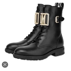 Moschino Black Combat Boots with Gold Buckle